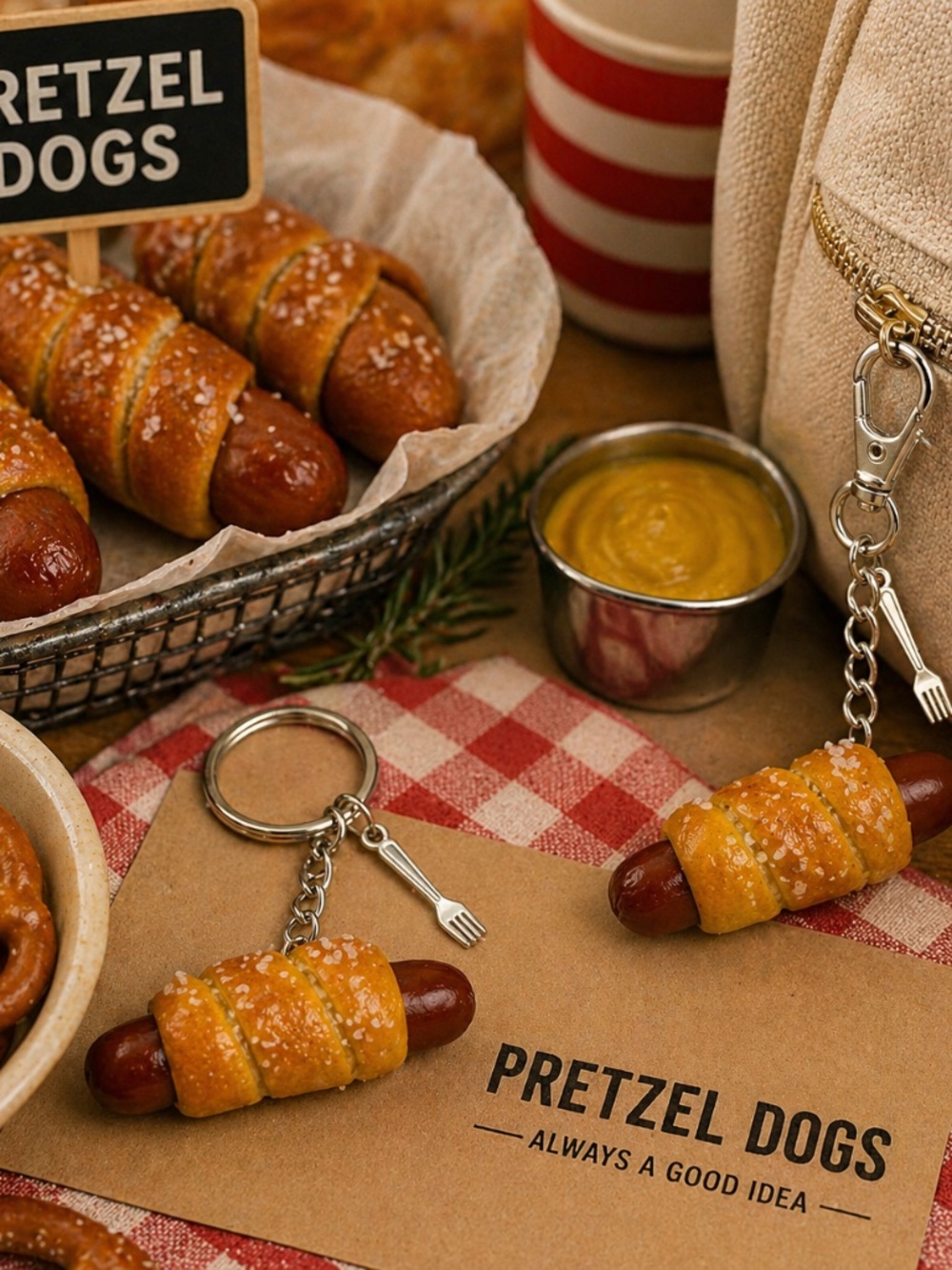 Pretzel Dog Keychain or Bag Clip | Handmade Mini Pretzel Wrapped Hot Dog Charm
